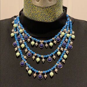 ✨ Bold & Beautiful Triple Strand Necklace – Blue, Green & Metallic Sparkle
